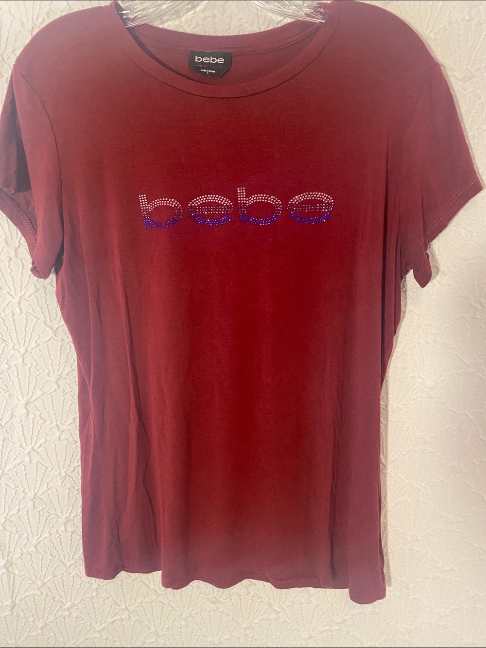 bebe Burgundy Rhinestone Logo Tee